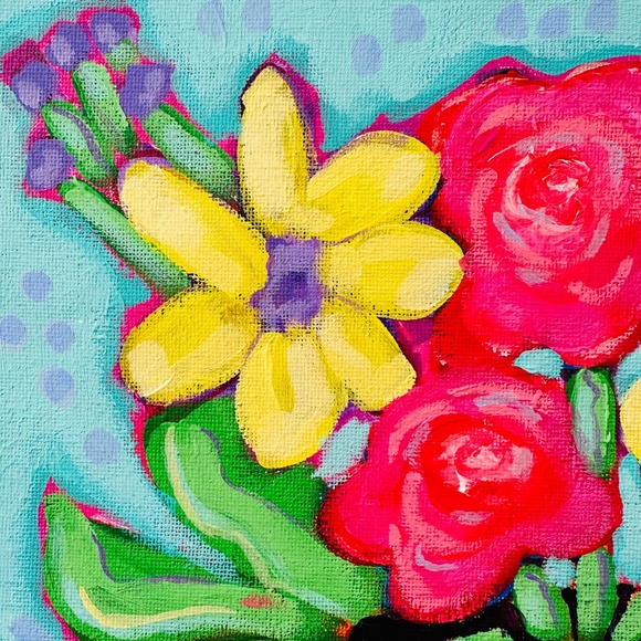 Original Painting Whimsical Collectible Flowers Violet Vase  10" x 10" Canvas - Picture 7 of 10